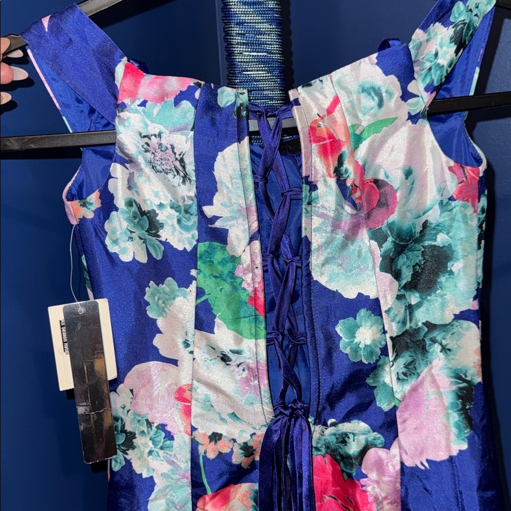 My Michelle- NWT Off the Shoulder Blue Floral Mermaid Gown Size 0 - Picture 10 of 14